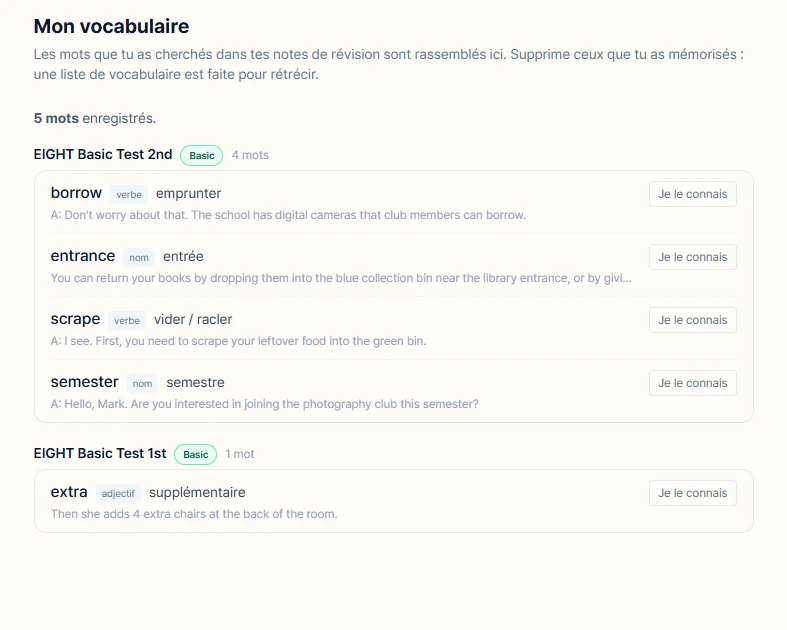 Carnet de vocabulaire